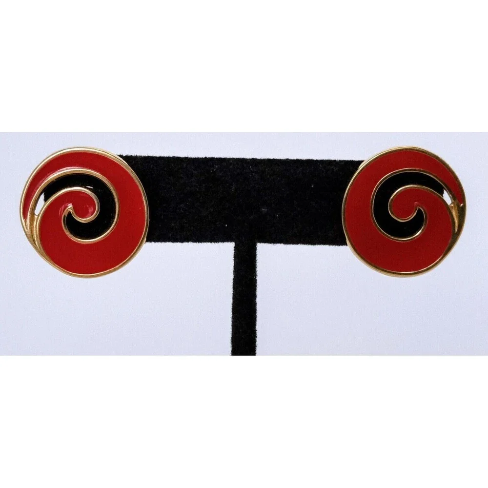 Vintage Monet Goldtone Red Enamel Swirl Post Earrings - Picture 2 of 8